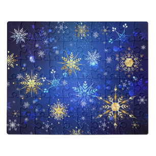 XMAS Blue Background with Golden Snowflakes Jigsaw Puzzle
