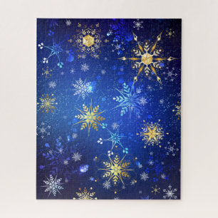 XMAS Blue Background with Golden Snowflakes Jigsaw Puzzle