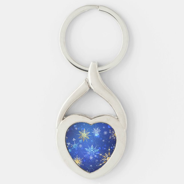 XMAS Blue Background with Golden Snowflakes Keychain (Front)