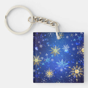 XMAS Blue Background with Golden Snowflakes Keychain