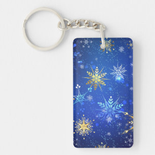 XMAS Blue Background with Golden Snowflakes Keychain
