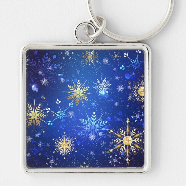XMAS Blue Background with Golden Snowflakes Keychain (Front)