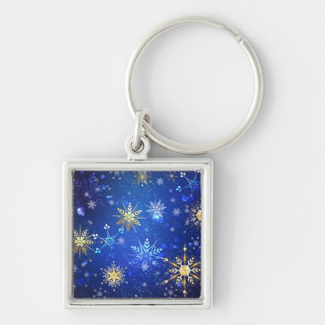 XMAS Blue Background with Golden Snowflakes Keychain (Front)