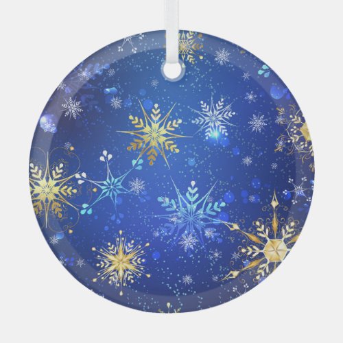 XMAS Blue Background with Golden Snowflakes Label Glass Ornament