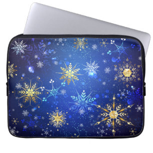 XMAS Blue Background with Golden Snowflakes Laptop Sleeve