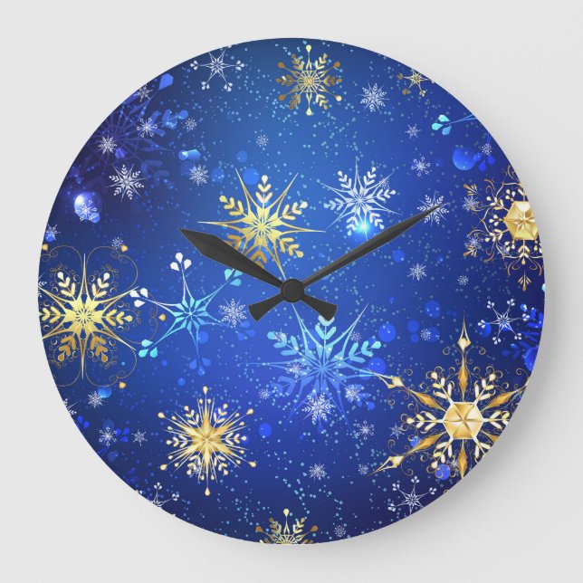 XMAS Blue Background with Golden Snowflakes Large Clock (Front)