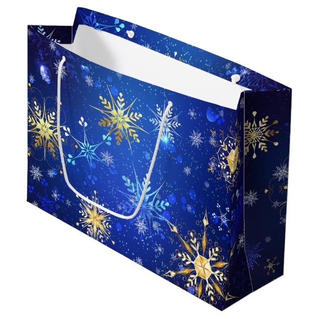 XMAS Blue Background with Golden Snowflakes Large Gift Bag (Front Angled)