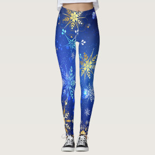 XMAS Blue Background with Golden Snowflakes Leggings