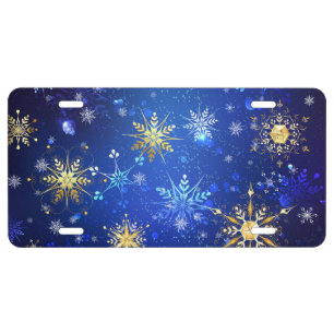 XMAS Blue Background with Golden Snowflakes License Plate