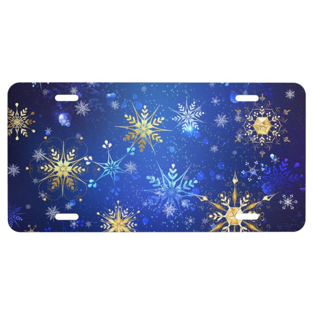 XMAS Blue Background with Golden Snowflakes License Plate (Front)