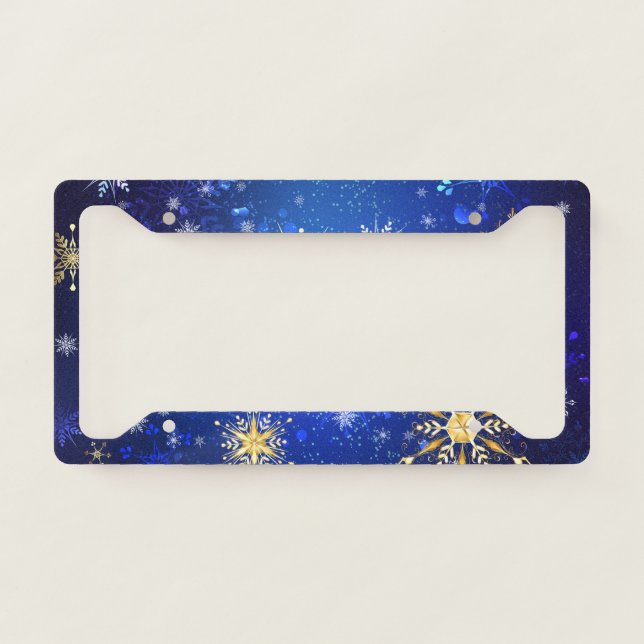 XMAS Blue Background with Golden Snowflakes License Plate Frame (Front)