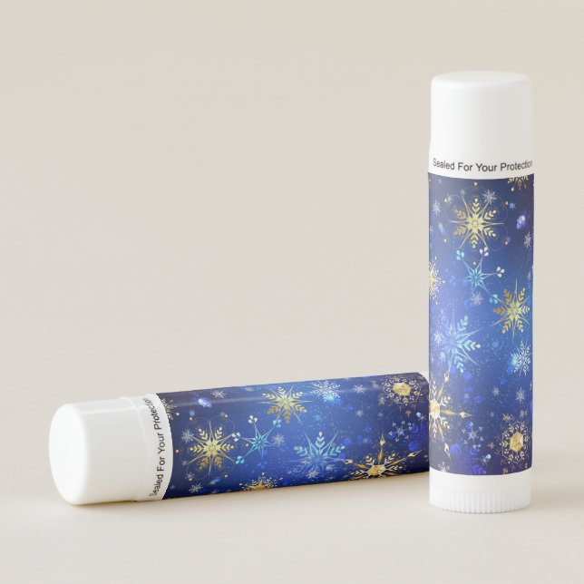 XMAS Blue Background with Golden Snowflakes Lip Balm (Front)