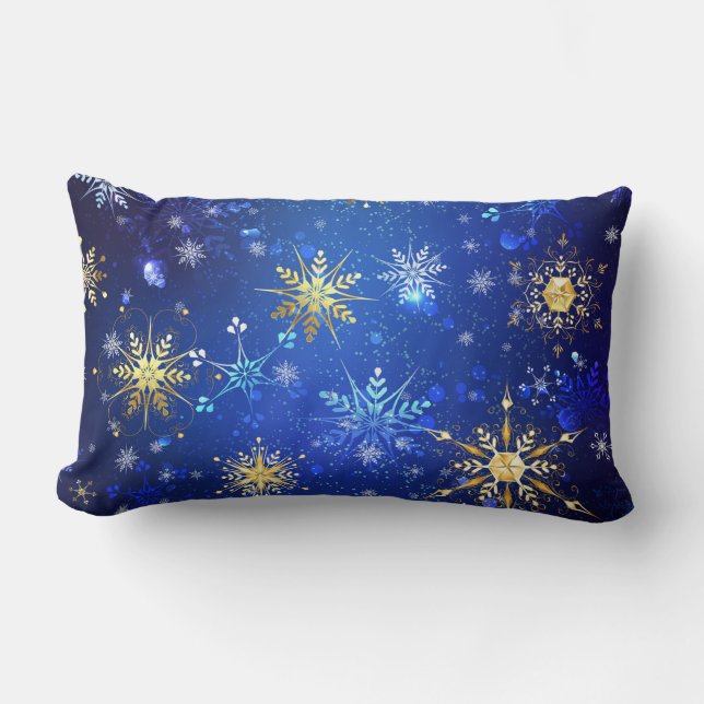 XMAS Blue Background with Golden Snowflakes Lumbar Pillow (Front)