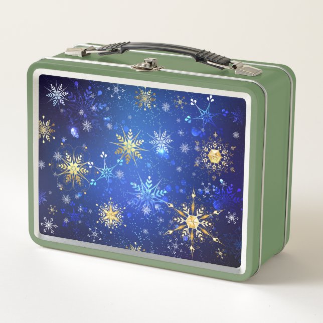 XMAS Blue Background with Golden Snowflakes Metal Lunch Box (Front)