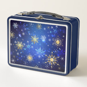 XMAS Blue Background with Golden Snowflakes Metal Lunch Box