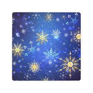 XMAS Blue Background with Golden Snowflakes Metal Print