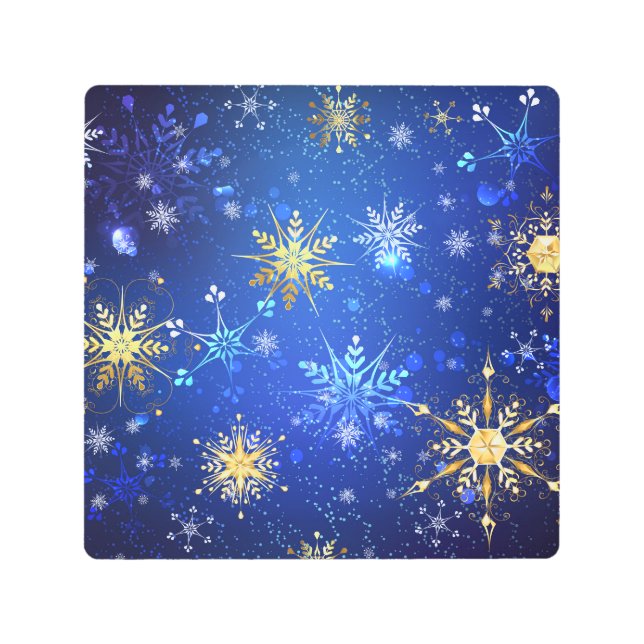 XMAS Blue Background with Golden Snowflakes Metal Print (Front)