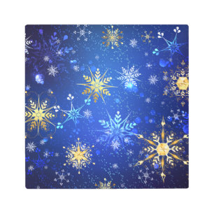 XMAS Blue Background with Golden Snowflakes Metal Print