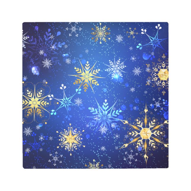 XMAS Blue Background with Golden Snowflakes Metal Print (Front)