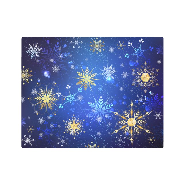 XMAS Blue Background with Golden Snowflakes Metal Print (Front)