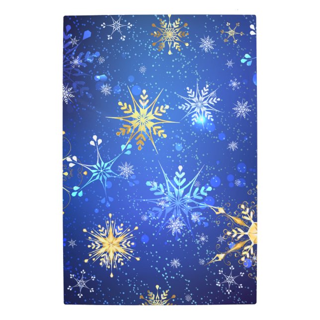 XMAS Blue Background with Golden Snowflakes Metal Print (Front)