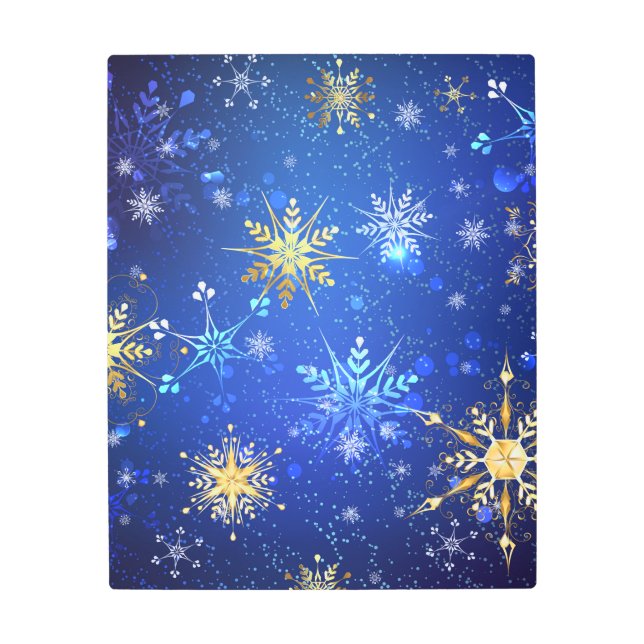 XMAS Blue Background with Golden Snowflakes Metal Print (Front)