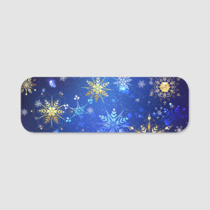 XMAS Blue Background with Golden Snowflakes Name Tag