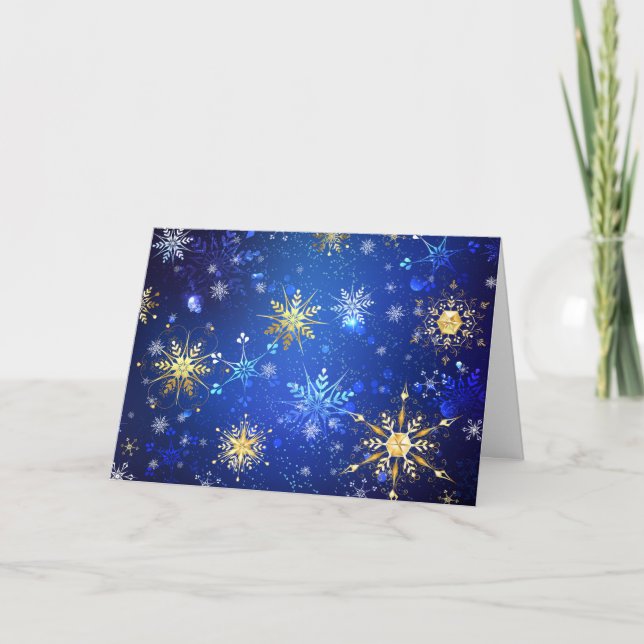 XMAS Blue Background with Golden Snowflakes Note Card (Front)