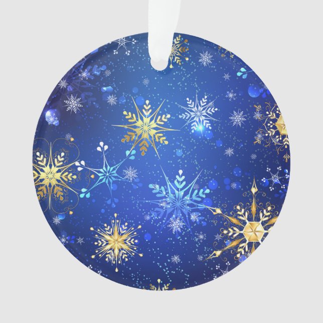 XMAS Blue Background with Golden Snowflakes Ornament (Front)