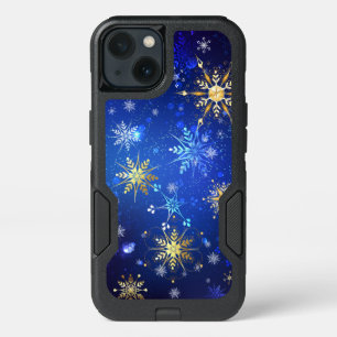 XMAS Blue Background with Golden Snowflakes iPhone 13 Case