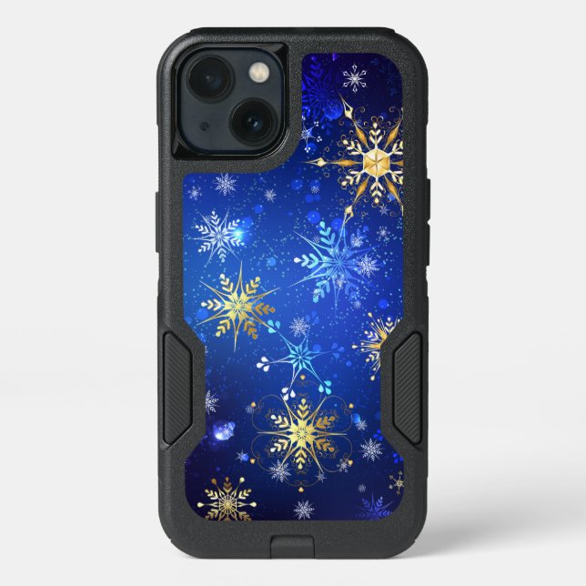 XMAS Blue Background with Golden Snowflakes Otterbox iPhone Case (Back)