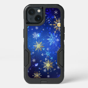 XMAS Blue Background with Golden Snowflakes iPhone 13 Case