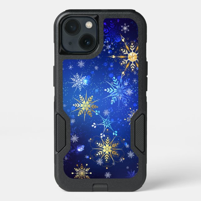 XMAS Blue Background with Golden Snowflakes Otterbox iPhone Case (Back)