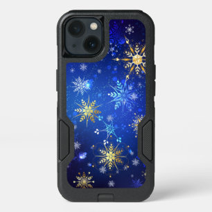 XMAS Blue Background with Golden Snowflakes iPhone 13 Case