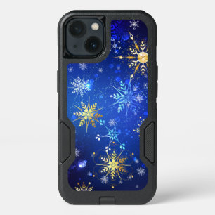 XMAS Blue Background with Golden Snowflakes iPhone 13 Case