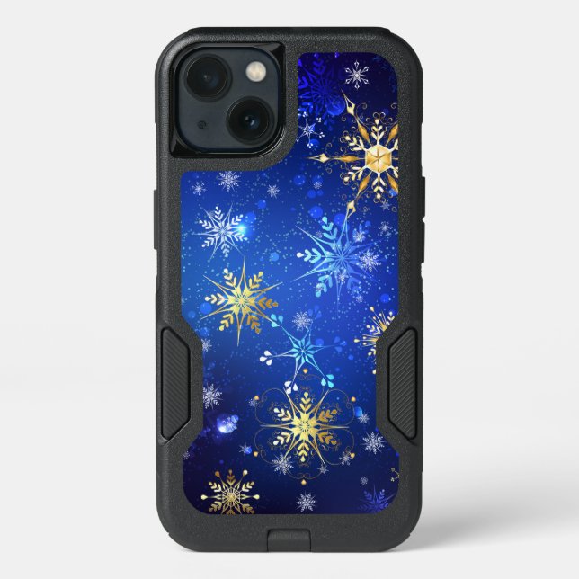XMAS Blue Background with Golden Snowflakes Otterbox iPhone Case (Back)