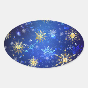 XMAS Blue Background with Golden Snowflakes Oval Sticker