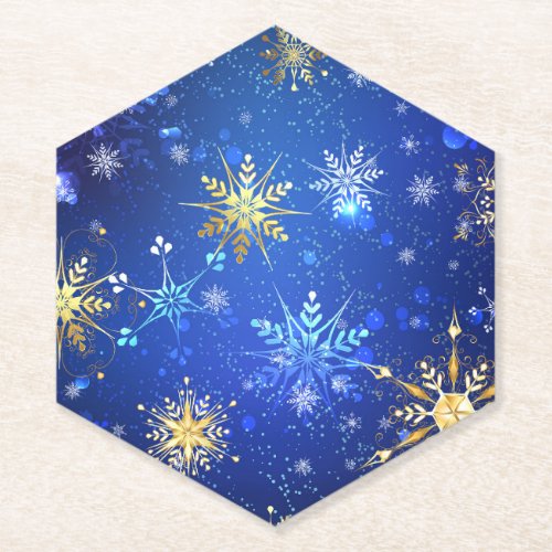 XMAS Blue Background with Golden Snowflakes Paper Coaster
