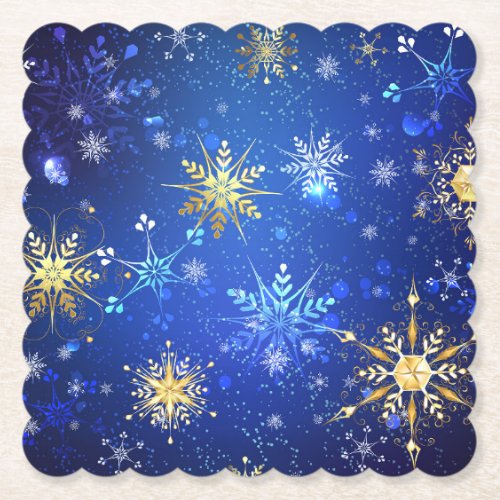 XMAS Blue Background with Golden Snowflakes Paper Coaster