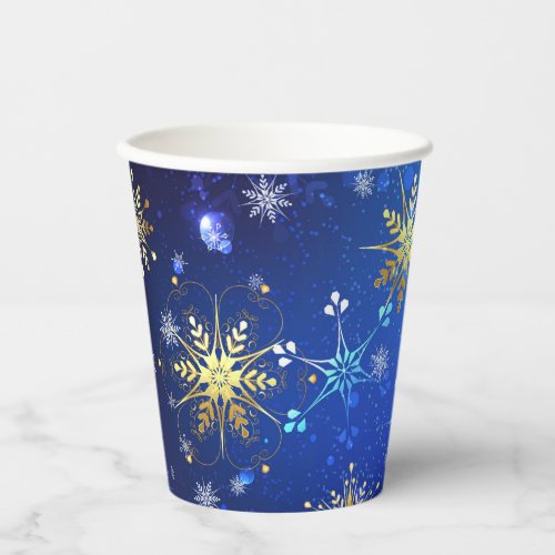 XMAS Blue Background with Golden Snowflakes Paper Cups