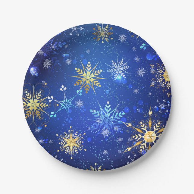 XMAS Blue Background with Golden Snowflakes Paper Plates (Front)