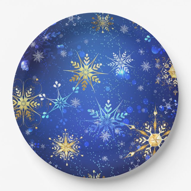 XMAS Blue Background with Golden Snowflakes Paper Plates (Front)