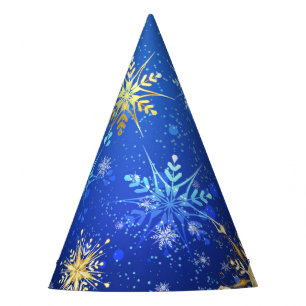 XMAS Blue Background with Golden Snowflakes Party Hat