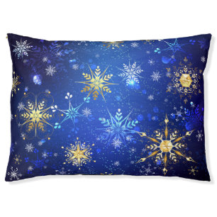 XMAS Blue Background with Golden Snowflakes Pet Bed