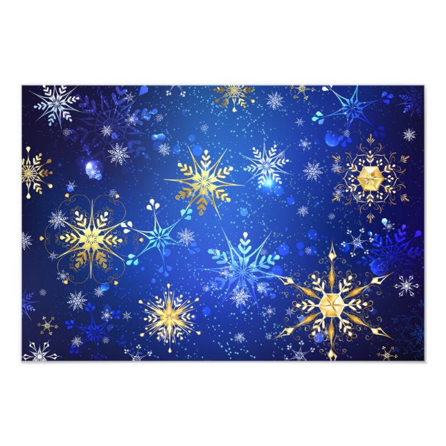 XMAS Blue Background with Golden Snowflakes Photo Print (Front)