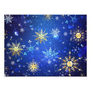XMAS Blue Background with Golden Snowflakes Photo Print