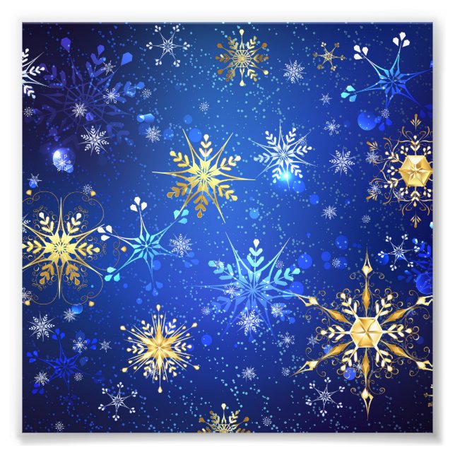 XMAS Blue Background with Golden Snowflakes Photo Print (Front)