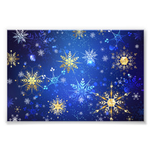 XMAS Blue Background with Golden Snowflakes Photo Print