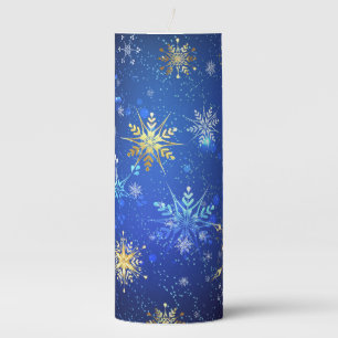 XMAS Blue Background with Golden Snowflakes Pillar Candle