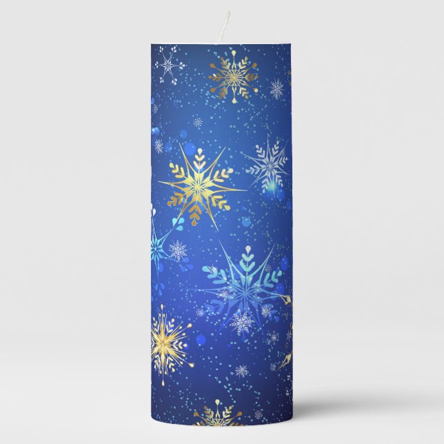 XMAS Blue Background with Golden Snowflakes Pillar Candle (Front)